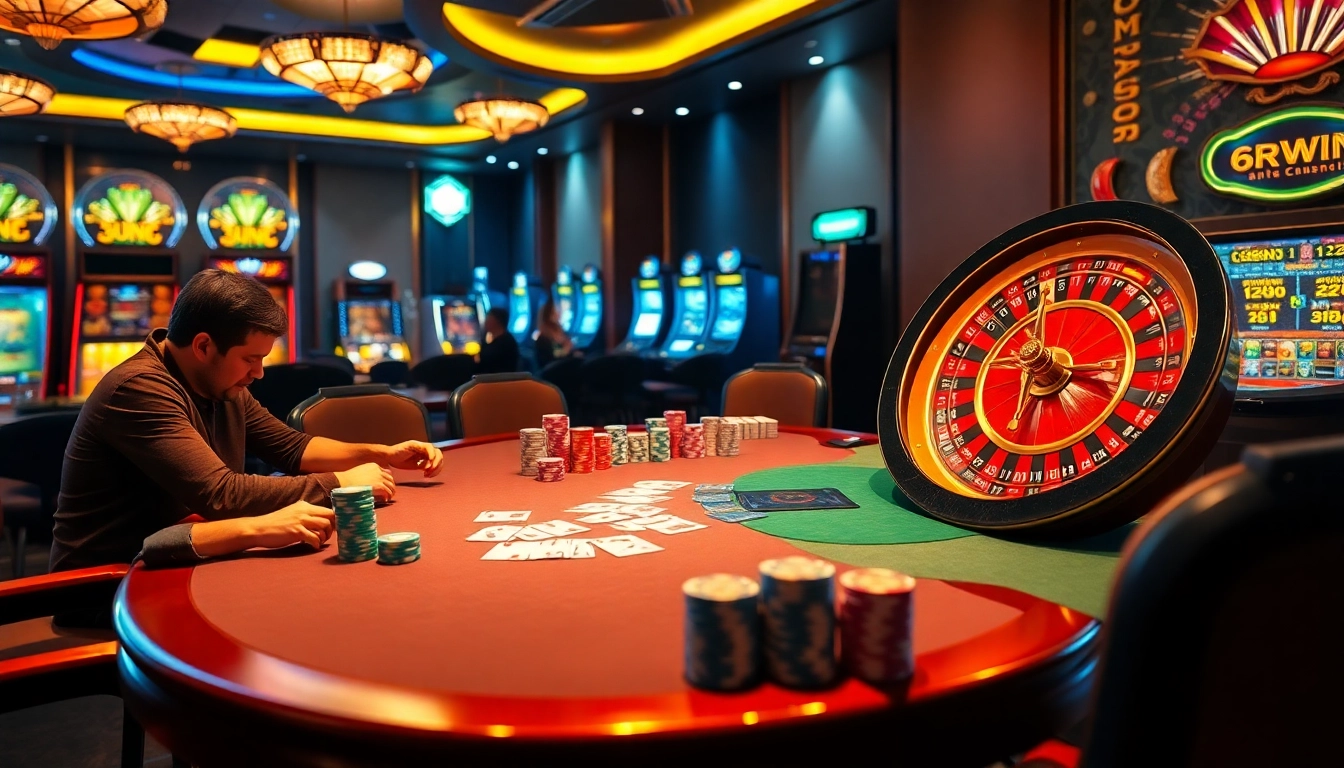 Experience the thrill of gambling with 6RWIN at a luxurious poker table.