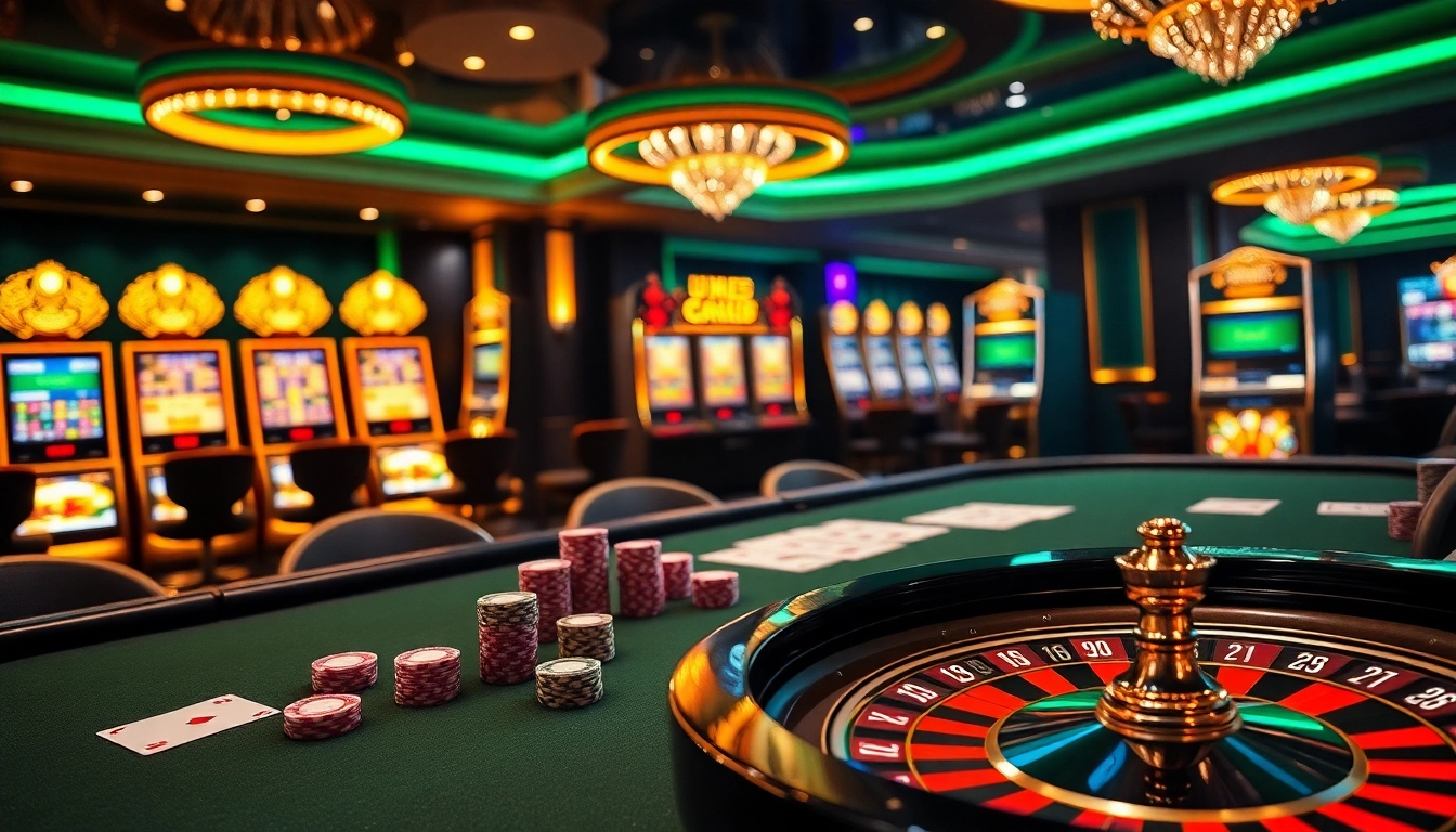 U888 casino scene featuring a high-stakes poker table, vibrant slot machines, and a roulette wheel.