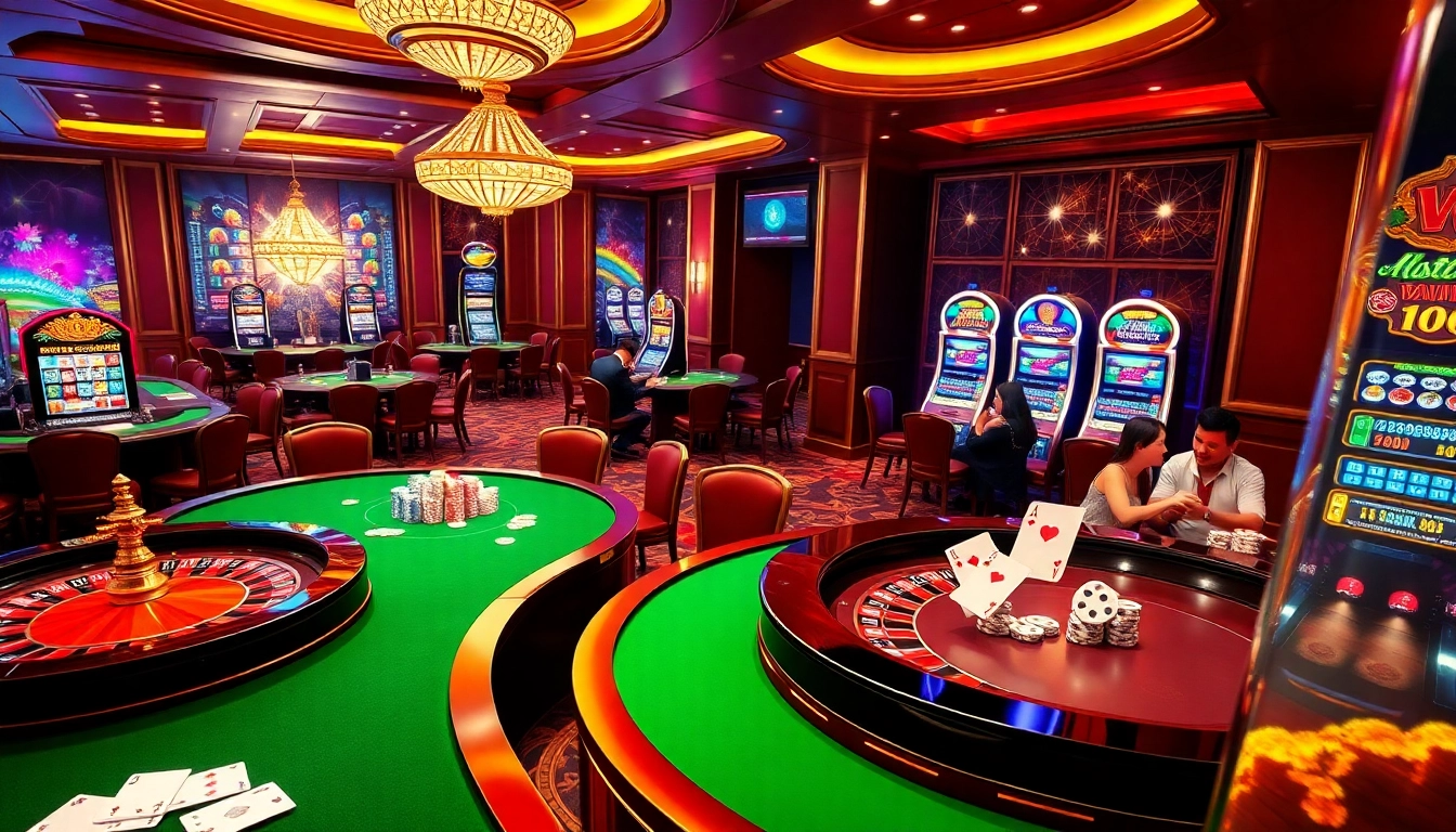 Phsky casino features an exciting gambling scene with vibrant roulette, slots, and poker activity.
