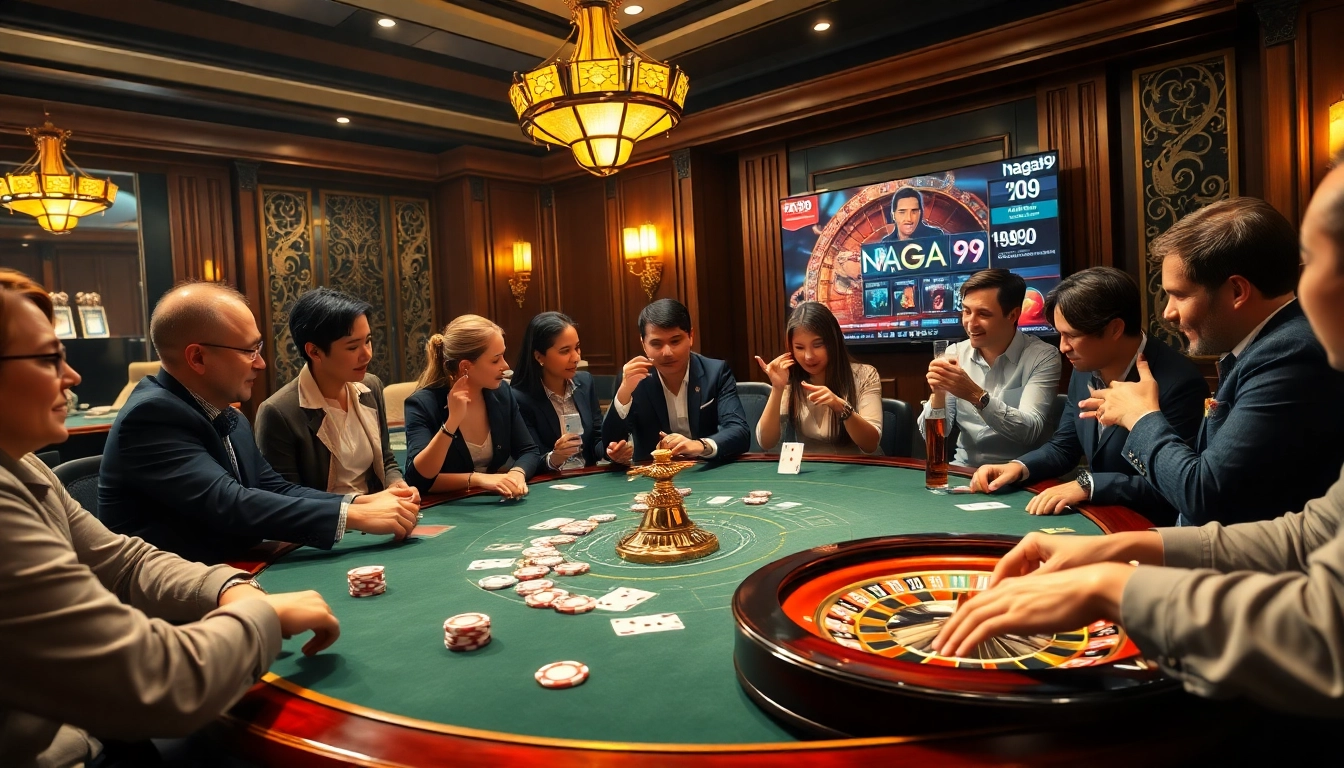 Naga99 players enjoying a high-stakes card game at a luxurious casino table.