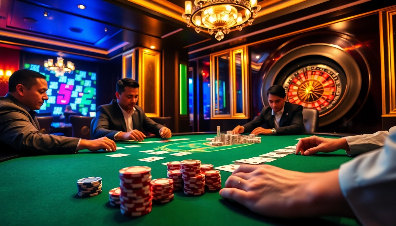 Experience the thrill of high-stakes poker at https://okwin68.net/. Engage with vibrant visuals of a luxurious casino atmosphere.