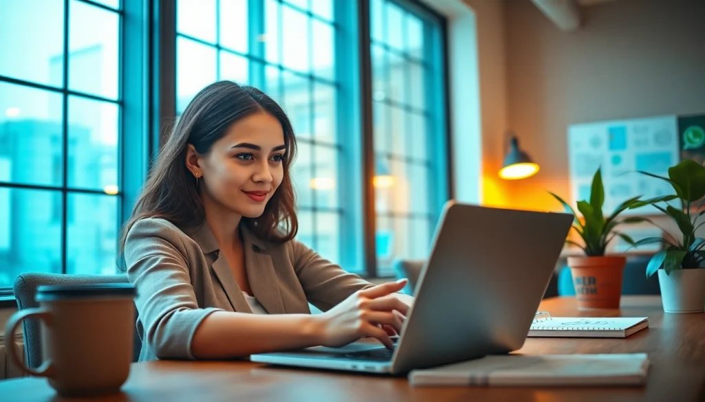 在现代工作空间使用笔记本电脑打开 WhatsApp Web 的年轻职业女性。