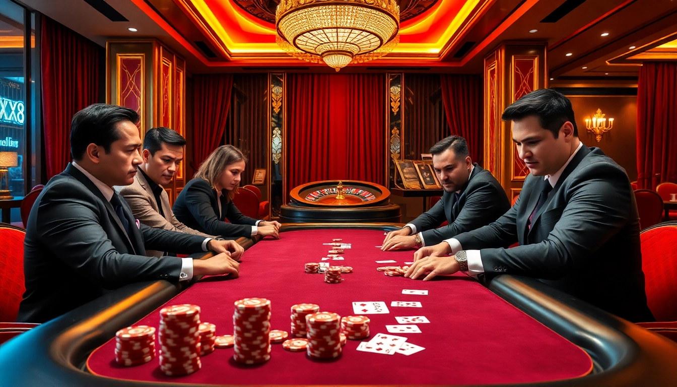 Experience gaming excitement at https://xx88.today/ with a vibrant poker table scene showcasing luxury and high stakes.