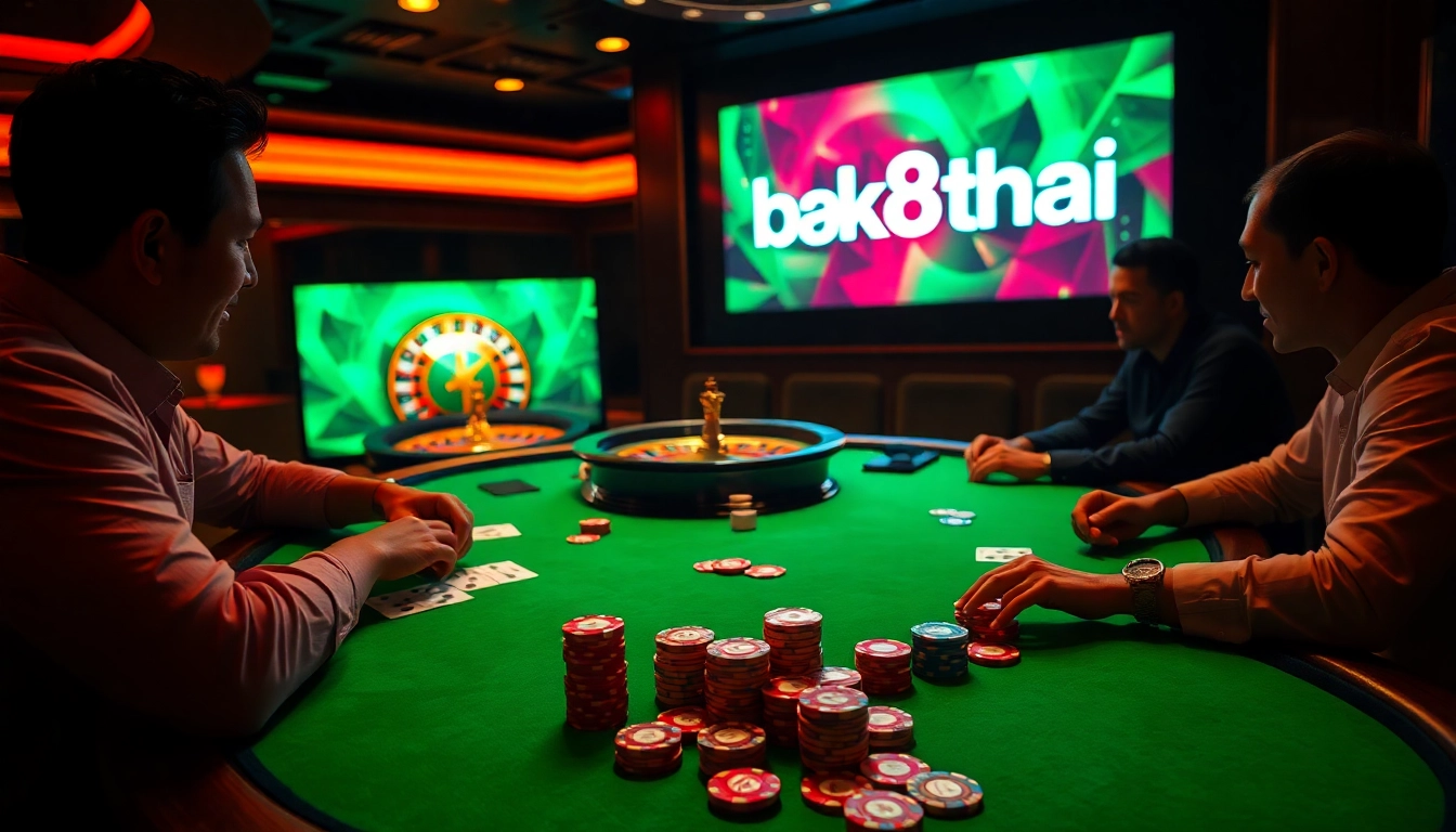 Players enjoy a thrilling poker game at bk8thai casino with vibrant chips and cards.