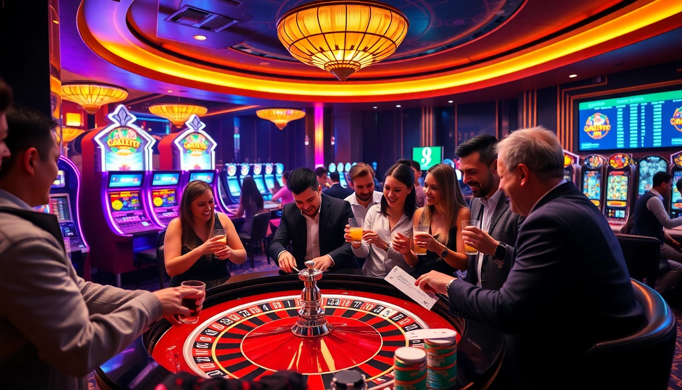 I9BET casino gaming experience showcasing players engaging with roulette and slot machines.