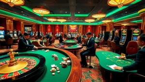 Players enjoying table games and slot machines at the luxurious febet casino.