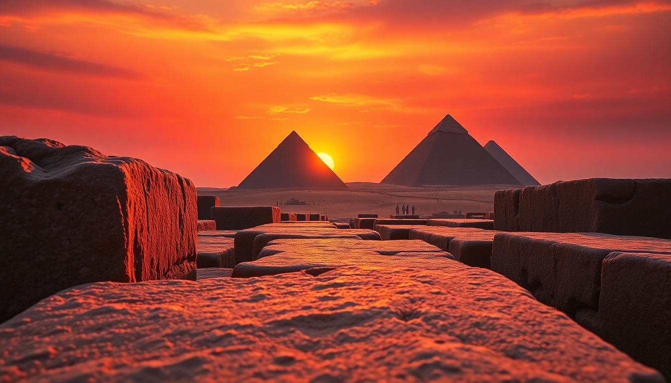 View of the Great Pyramids of Giza, showcasing their majestic structure and ancient stone details.