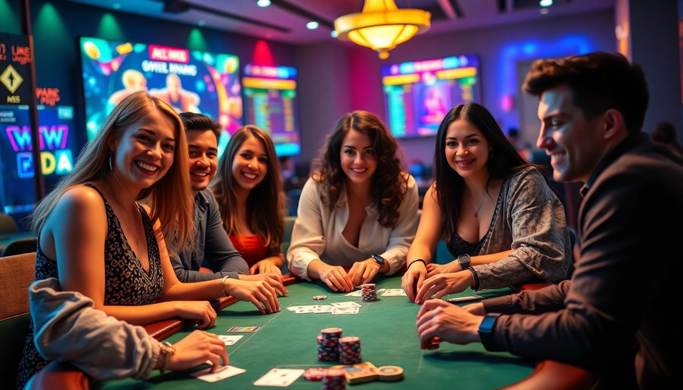 Engaging scene of diverse players enjoying card games at topgamebaidoithuong.mx, showcasing vibrant colors and competitive spirit.