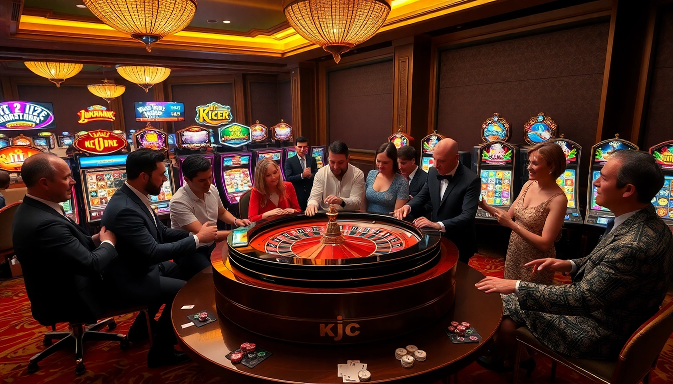 KJC members enjoying a thrilling roulette game in a luxurious casino setting with vibrant slot machines nearby.