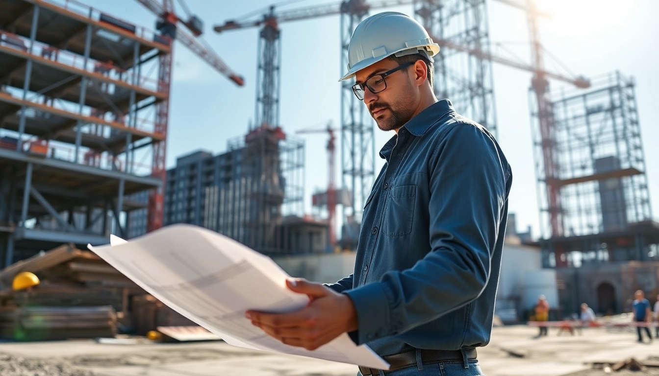 New Jersey construction manager analyzing project blueprints at a busy construction site.