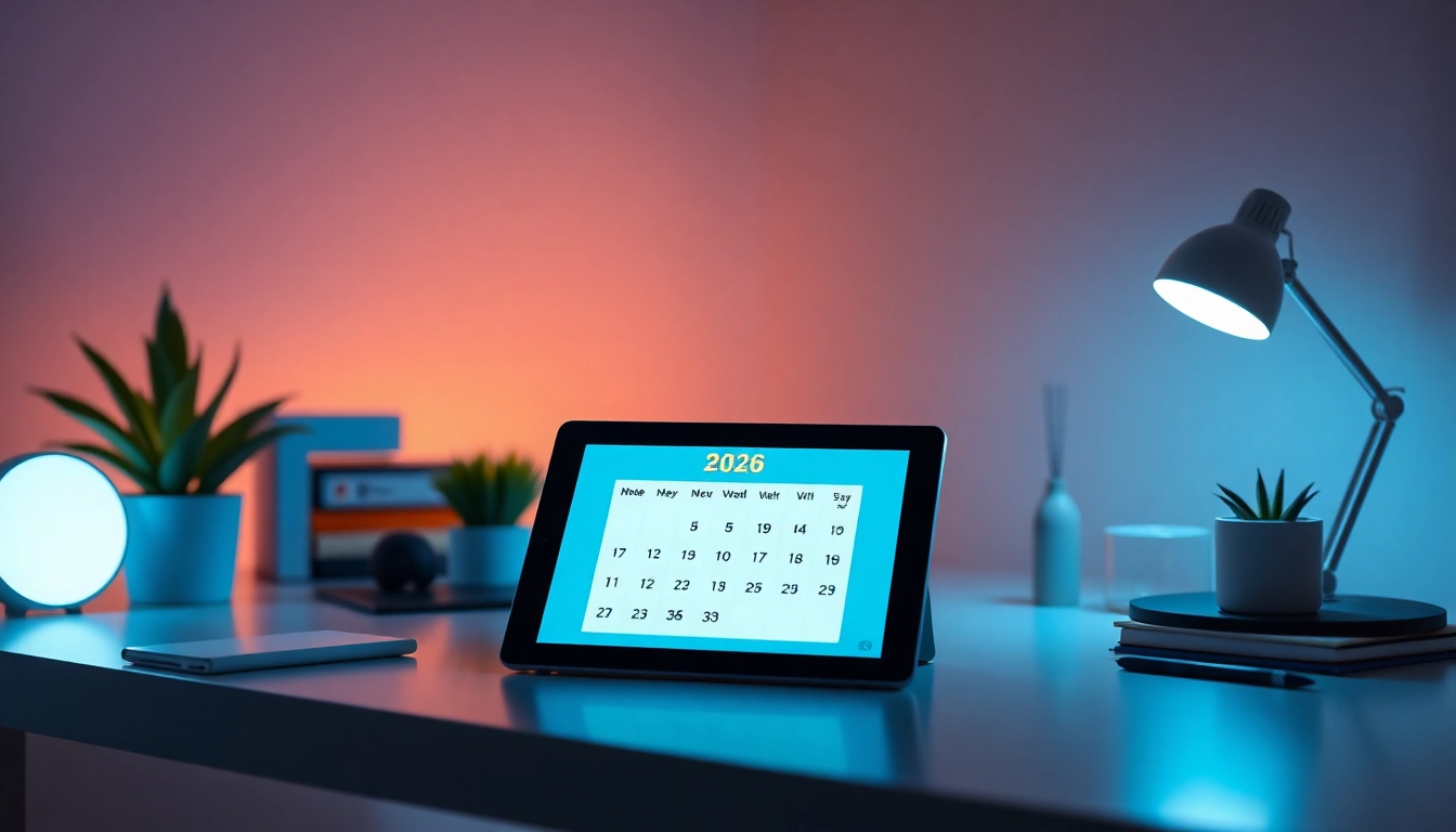 Elegant 2026 calendar displayed in a modern workspace with soft lighting and appealing decor.