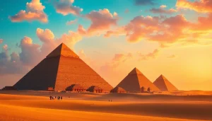 Piraminds illuminated by sunset, showcasing their grandeur in stunning detail.