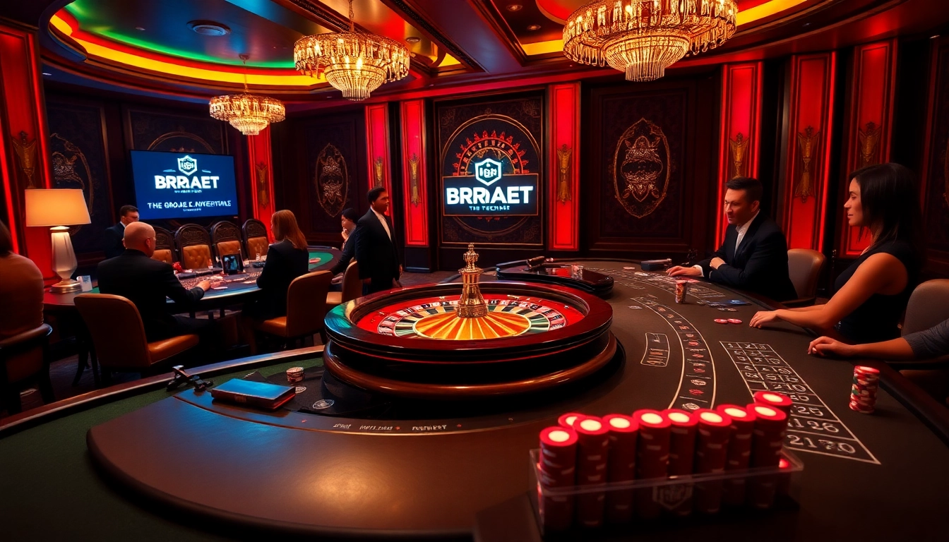 Experience the thrill of gambling at BRABET with an elegant casino featuring a roulette wheel and poker action.