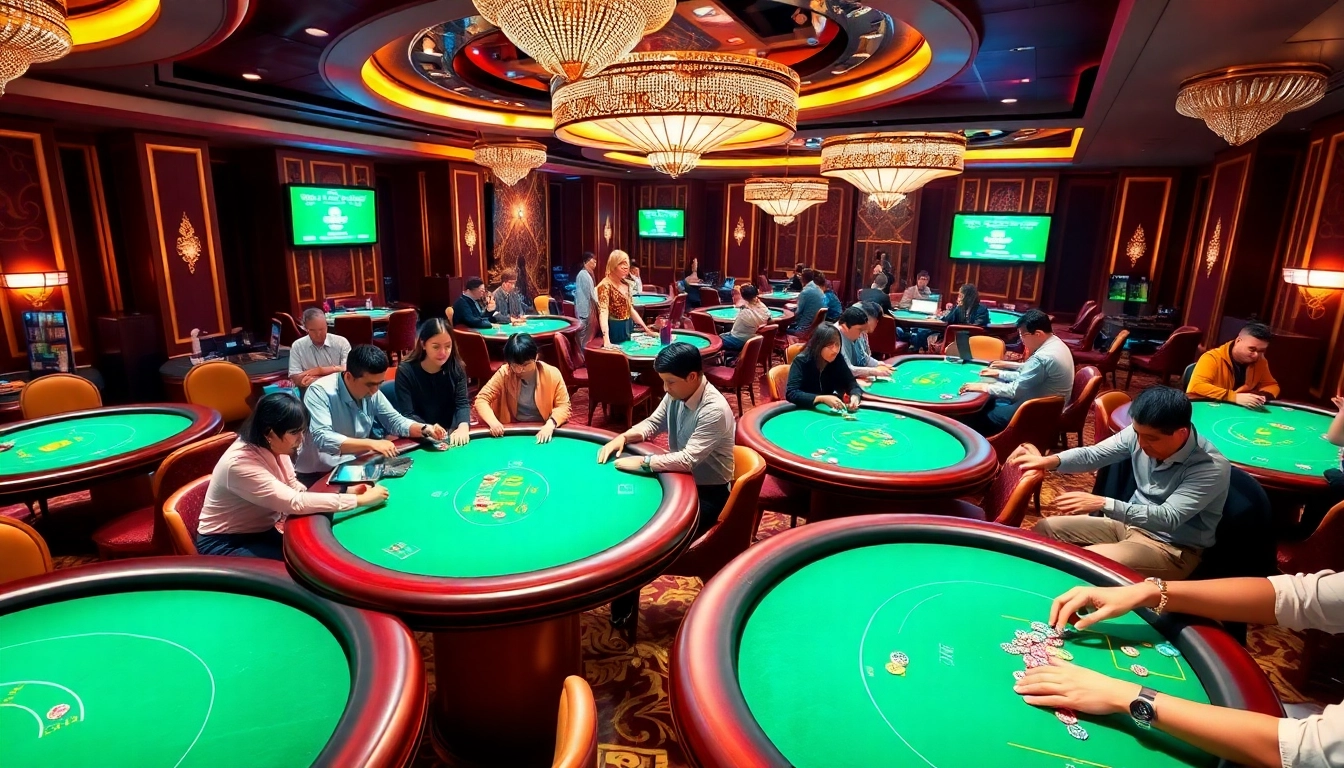 Players enjoying thrilling games at 789BET's luxurious online casino, featuring vibrant tables and chips.