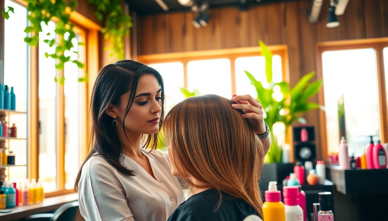 Coafura salon cu stilistă profesionistă ce creează o coafură elegantă unui client.