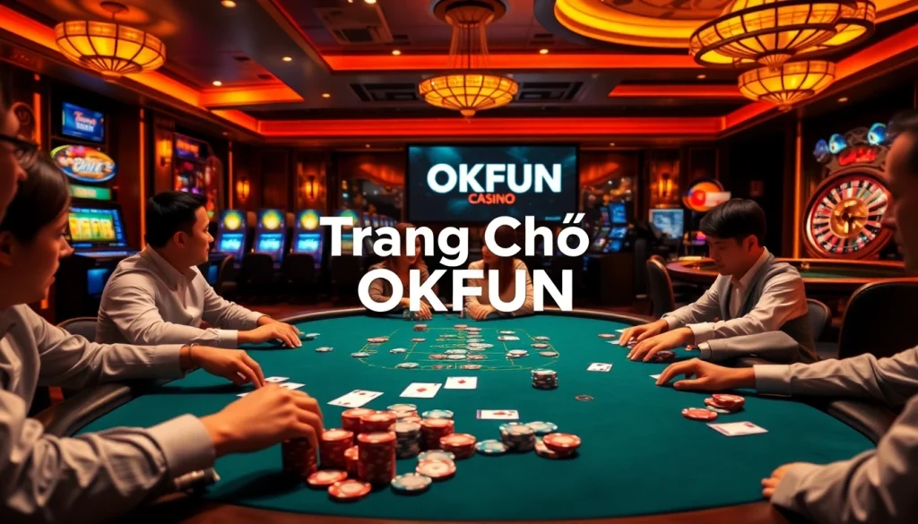 Experience the excitement of gambling at Trang Chủ OKFUN with players enjoying poker at a luxurious casino.