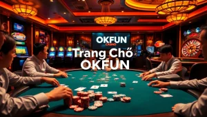 Experience the excitement of gambling at Trang Chủ OKFUN with players enjoying poker at a luxurious casino.