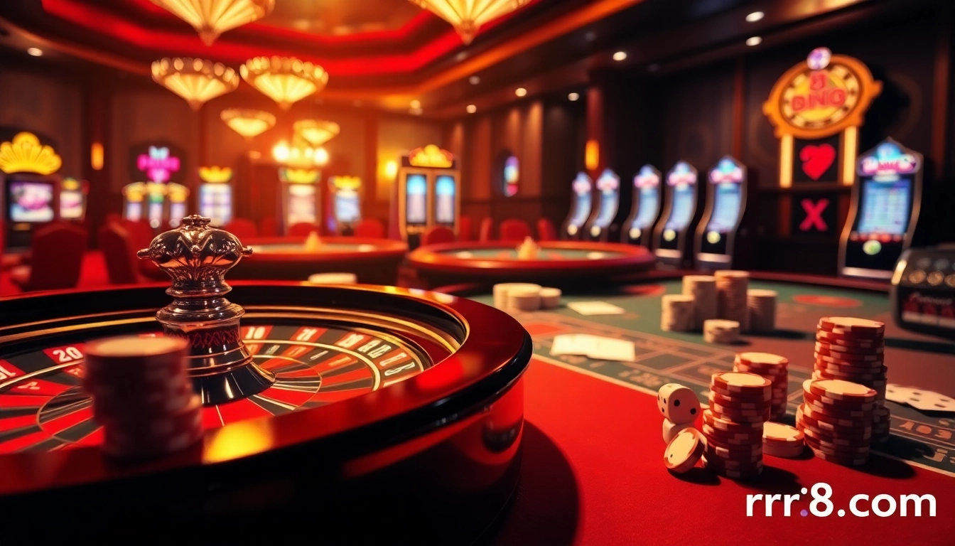 Experience the thrill of winning at rr88.com with a vibrant casino scene featuring roulette, poker, and lively slot machines.
