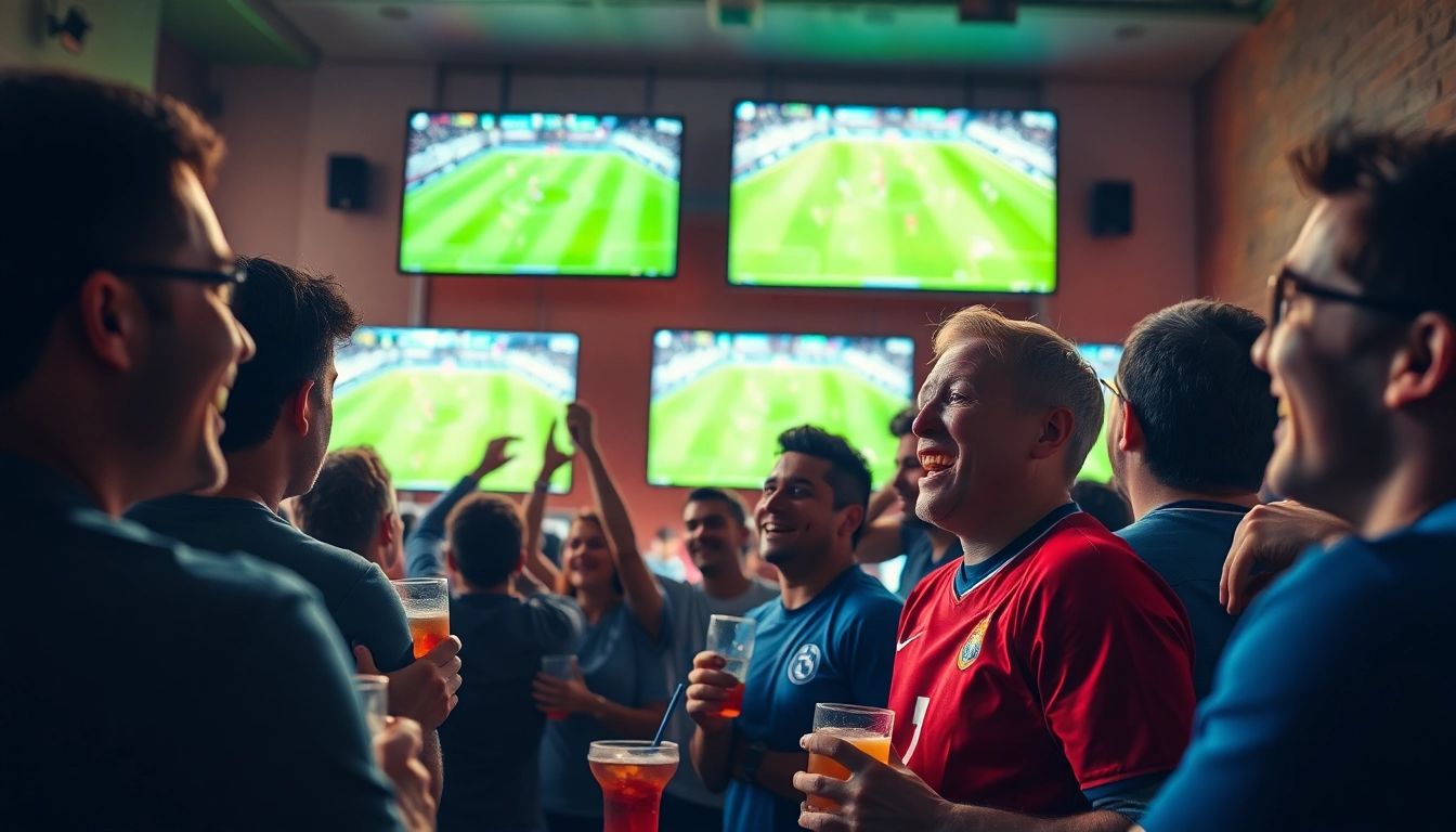 مشجعون متحمسون يستمتعون بمباراة كرة قدم على Kora Live مع شاشات تبث في أجواء حيوية.
