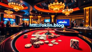 Engage with high-stakes gaming at https://okwin.blog, showcasing a luxurious casino table full of chips and vibrant cards.