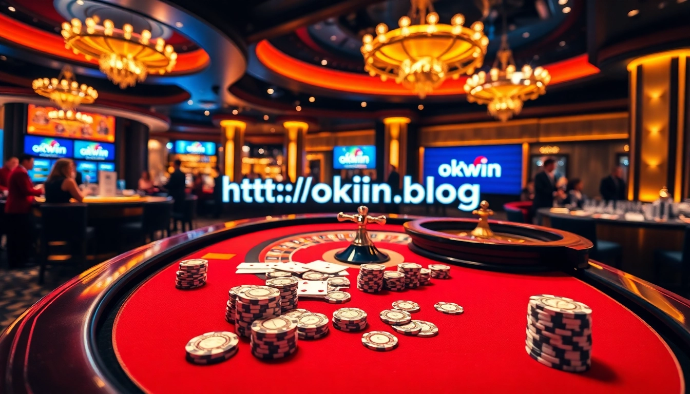 Engage with high-stakes gaming at https://okwin.blog, showcasing a luxurious casino table full of chips and vibrant cards.