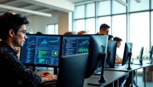 Team working on innovative AI Software in a modern office setting with dual monitors.