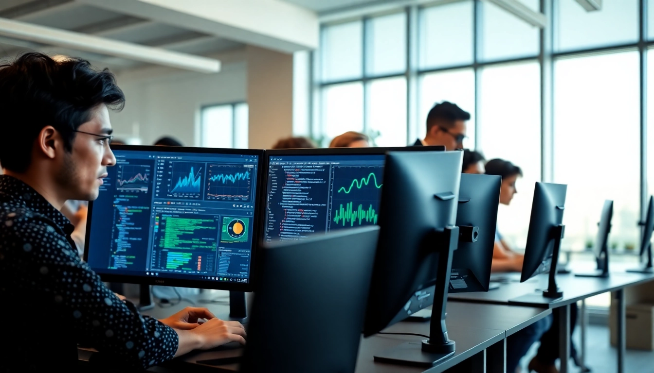 Team working on innovative AI Software in a modern office setting with dual monitors.