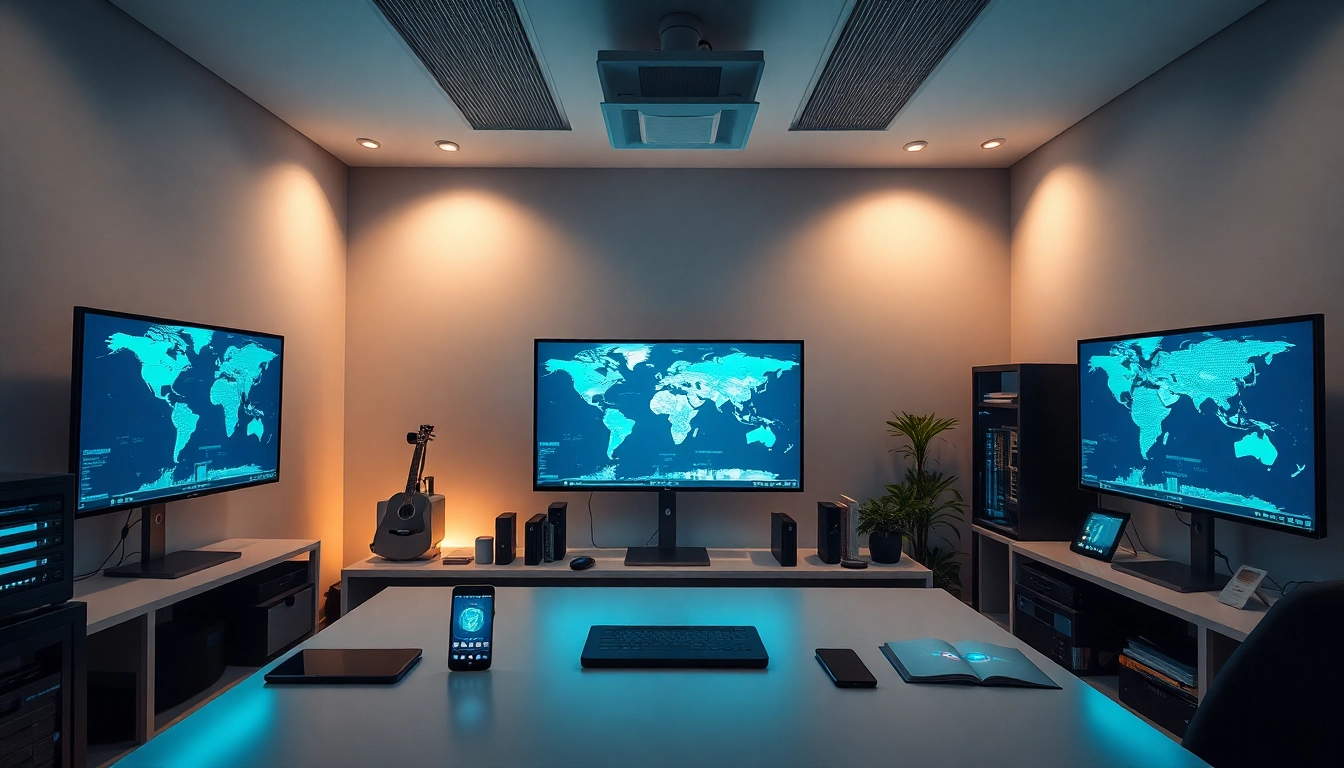 Explore 快连官网 with a modern home office setup showcasing advanced networking technology and global connectivity.