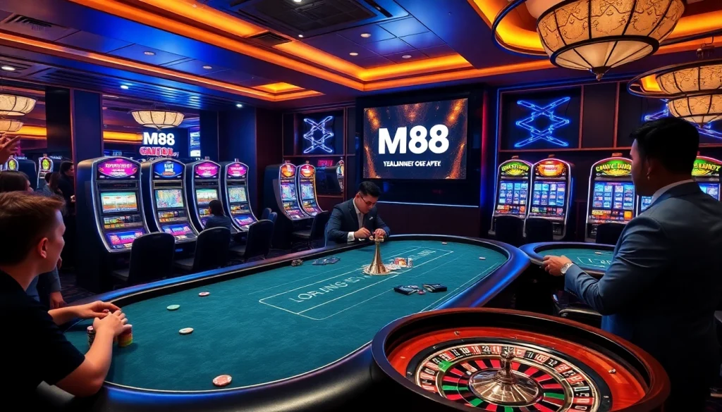 Experience the thrill of MM88 in a luxurious casino setting with poker and slot machines.