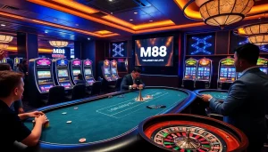 Experience the thrill of MM88 in a luxurious casino setting with poker and slot machines.