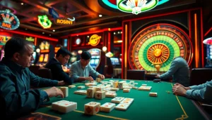 An intense moment in a casino featuring players engaging in link mahjong, connecting tiles amidst a lively ambiance of slot machines and roulette wheels.