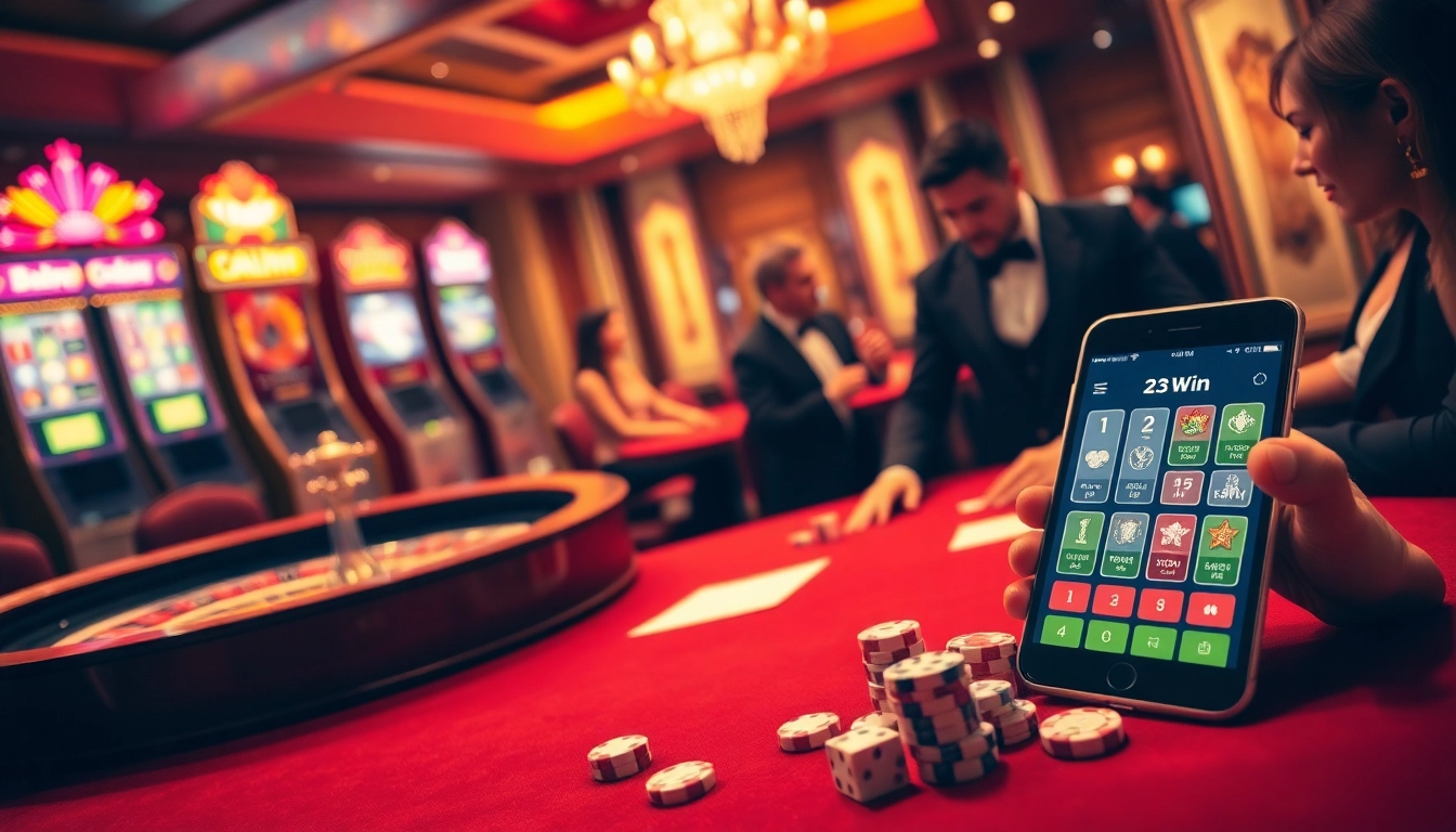 Gamblers enjoying a thrilling game at 23Win casino with vibrant slot machines and poker tables.