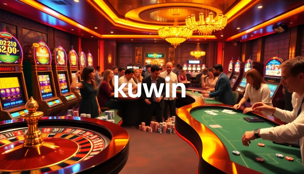 Kuwin gaming excitement captured as players engage at a luxurious casino table featuring cards and chips.