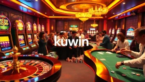 Kuwin gaming excitement captured as players engage at a luxurious casino table featuring cards and chips.