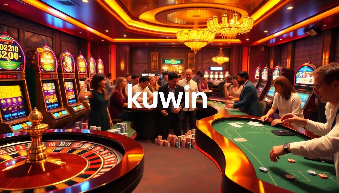 Kuwin gaming excitement captured as players engage at a luxurious casino table featuring cards and chips.