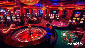 Exciting casino scene with players engaging at tables and cm88 branding visible.
