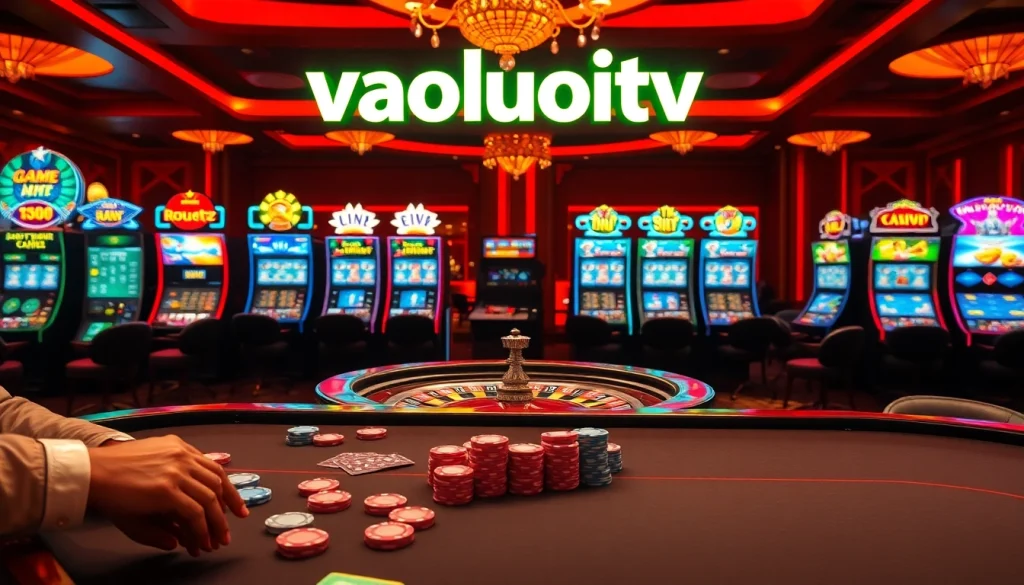 vaoluoitv poker players enjoying a vibrant casino atmosphere with spinning roulette wheels and colorful slots.