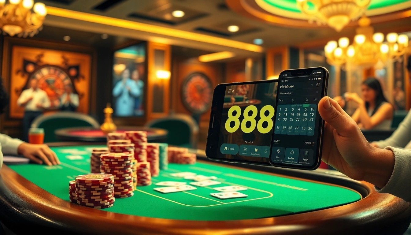 The app hb88 enhances players' experience at an upscale casino with poker tables and roulette.