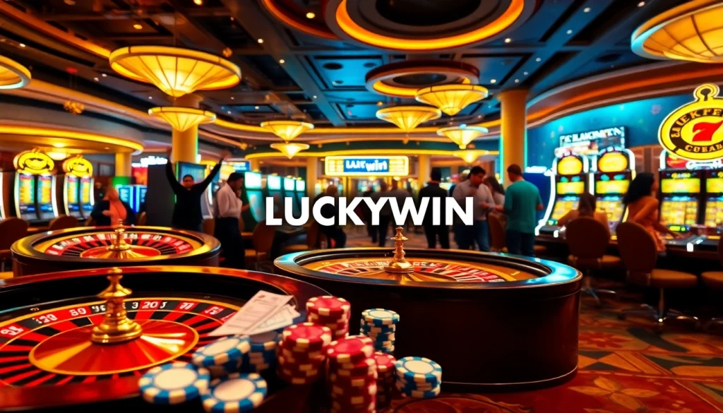 Excited players celebrating wins at a vibrant casino featuring LUCKYWIN games and roulette.