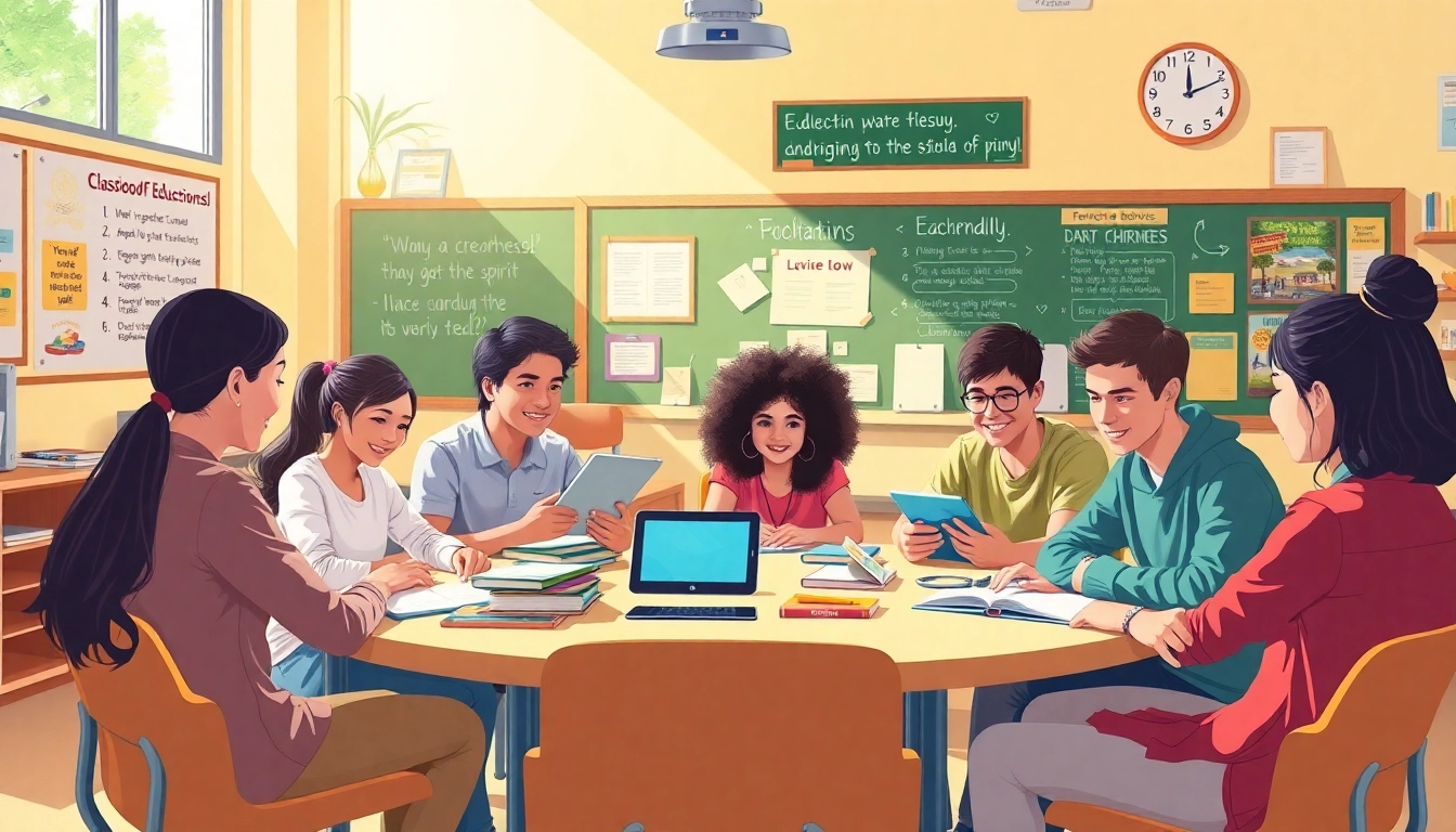 Dynamic classroom scene illustrating education with diverse students collaborating on learning.