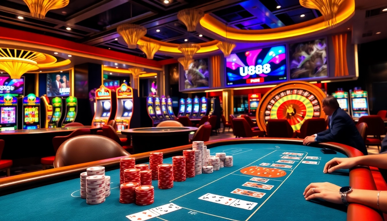 Players enjoying poker at a casino table with vibrant elements highlighting U888's gaming experience.