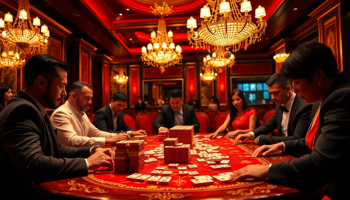Engage in link mahjong as players strategize over an elegant mahjong table in a vibrant casino setting.