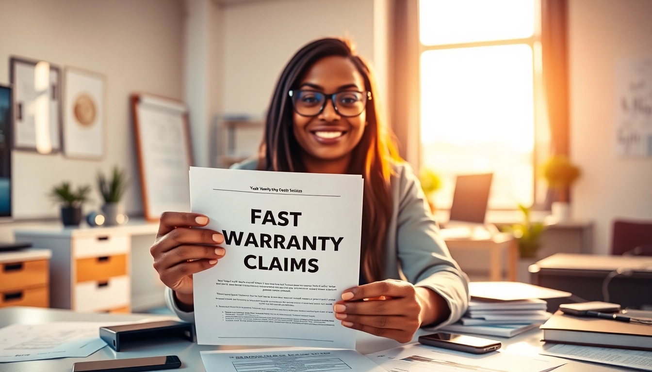 Customer celebrating fast warranty claims success with organized paperwork.