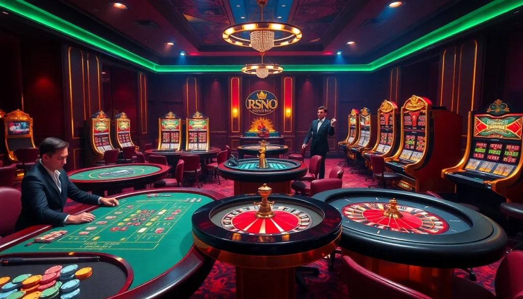 Experience the thrill of rr88 with vibrant casino tables and engaging slot machines in an elegant setting.