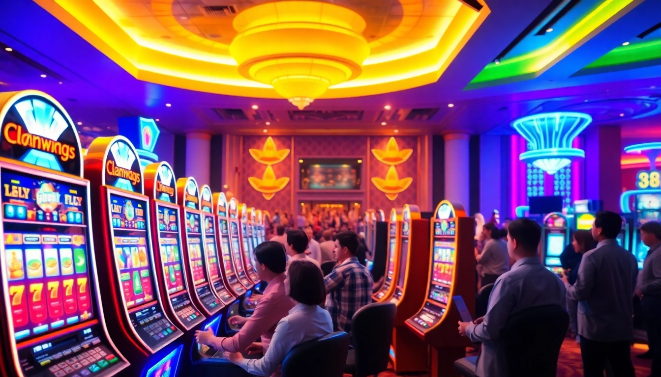 Menggambarkan slot deposit 1000 dengan mesin slot berwarna cerah di kasino yang ramai dan penuh energi.