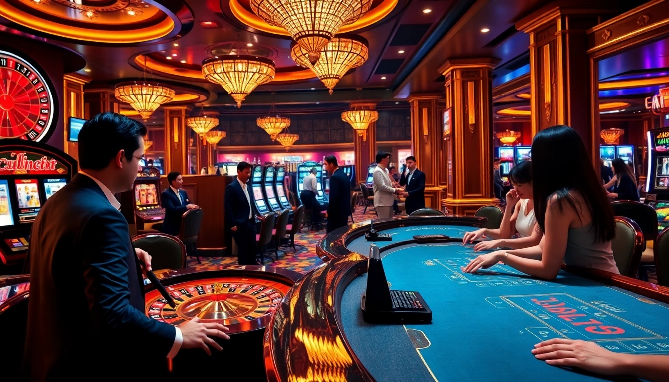 KQBD hôm nay at an elegant casino featuring thrilling players at a blackjack table and lively roulette wheel.