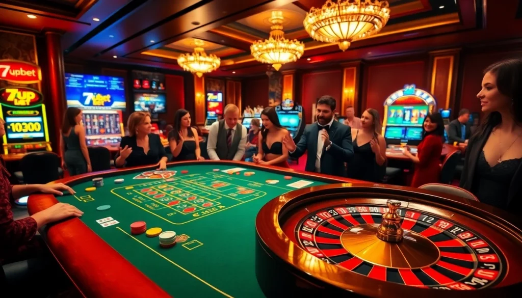 Exciting casino scene featuring a roulette wheel and 7upbet branding, showcasing vibrant gambling activity.