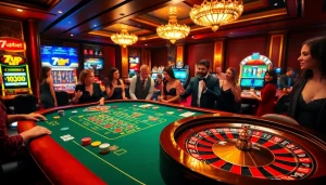 Exciting casino scene featuring a roulette wheel and 7upbet branding, showcasing vibrant gambling activity.