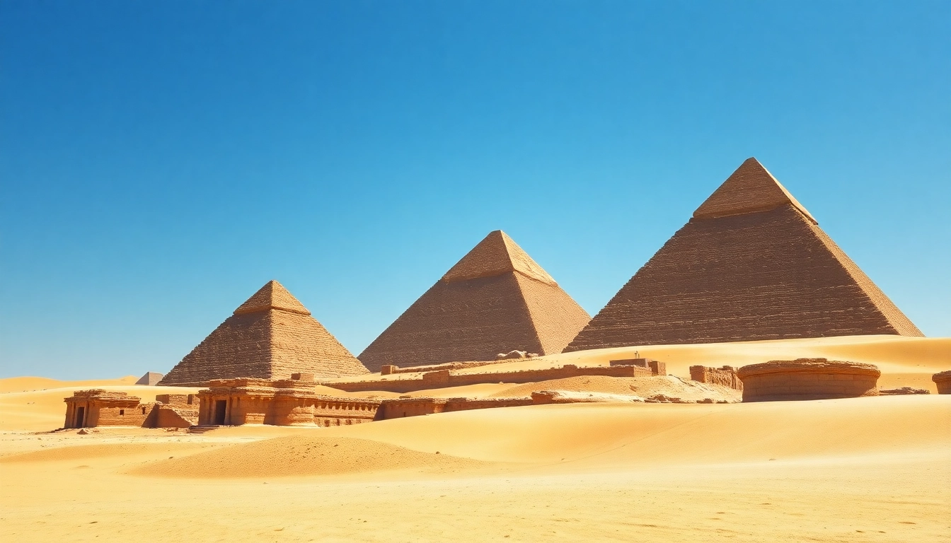 Experience the grandeur of piraminds against a stunning desert landscape.