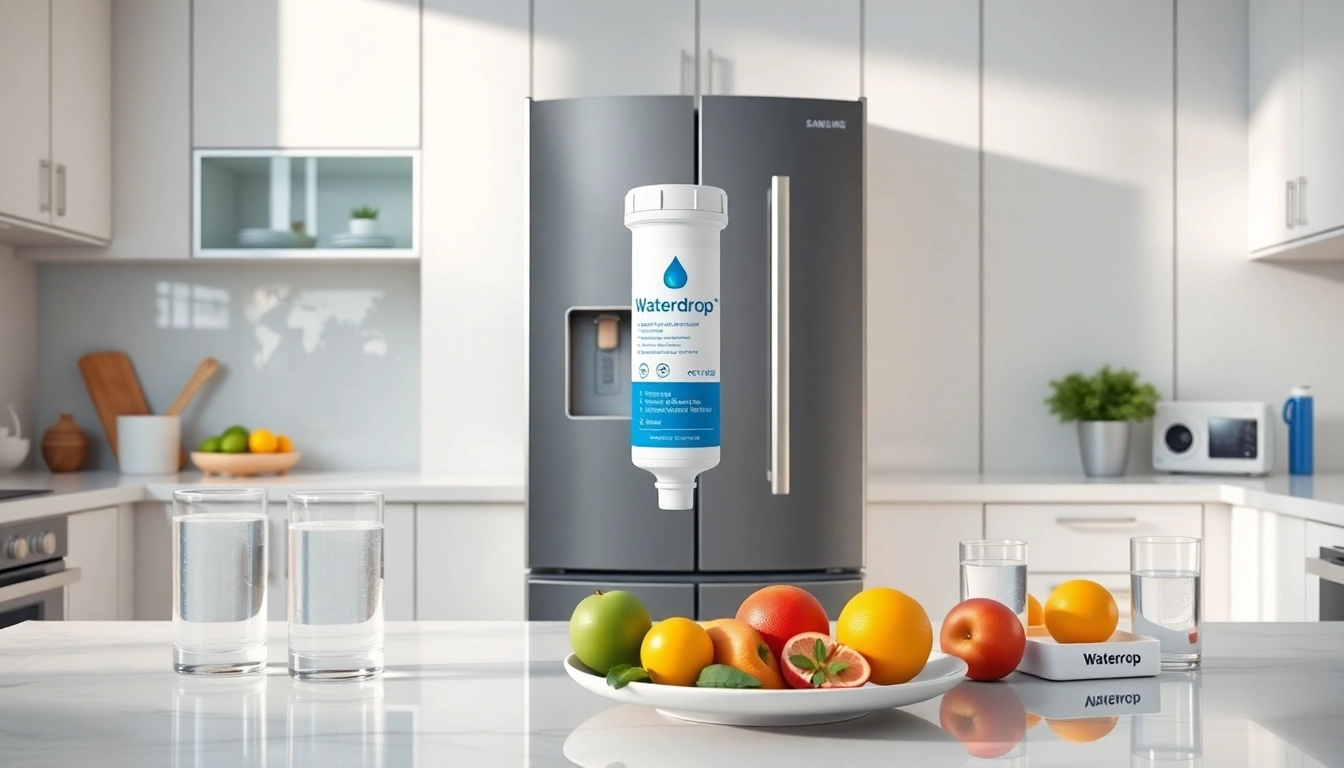 Waterdrop DA97-17376B Replacement for Samsung® HAF-QIN/EXP showcased in a modern kitchen with clean water glasses.